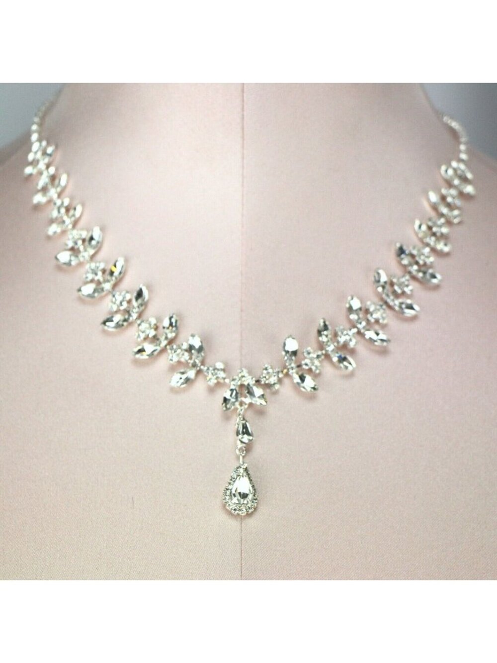 Occasion Necklace 17"-20" Silver-tone Laurel & Teardrop with Rhinestones